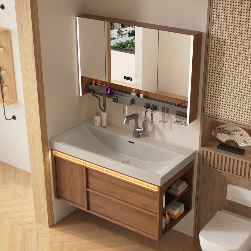 High-End Gold-Plated Stone Ocean Basin Smart Feng Shui Mirror Bathroom Cabinet Set Washbasin Sink