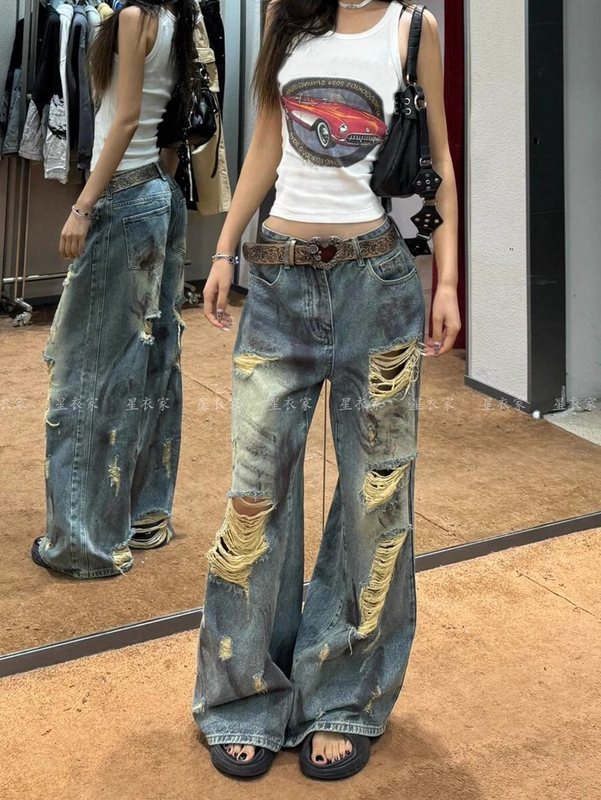American High Street Ripped Jeans for Women 2026 Summer Design Retro Loose Bf Lazy Style Wide-Leg Pants