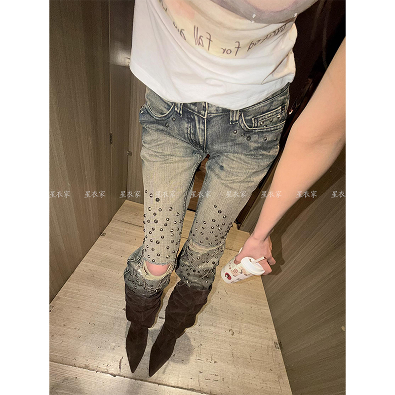 American Retro Rivet Ripped Jeans for Women, New Summer Subculture Y2K Pants, Hot Girl Low-Waist Flared Pants