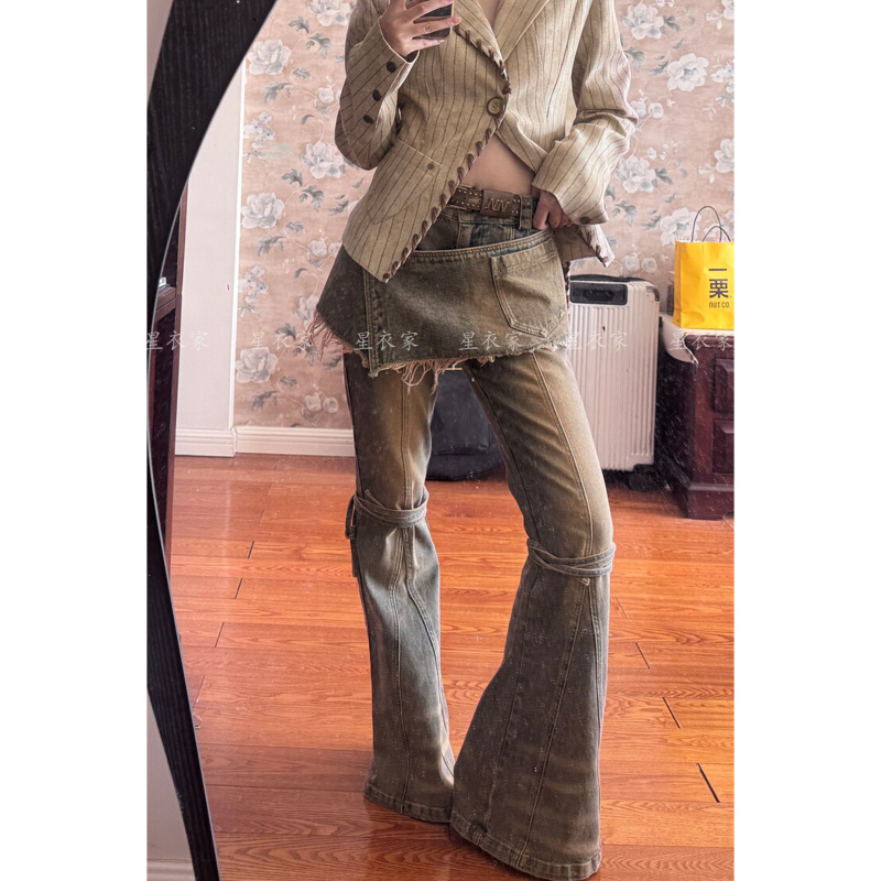 American-Style Spicy Girl Design Distressed Lace-Up Jeans for Women Y2K Millennium Style Fake Two-Piece Flared Floor-Length Pants