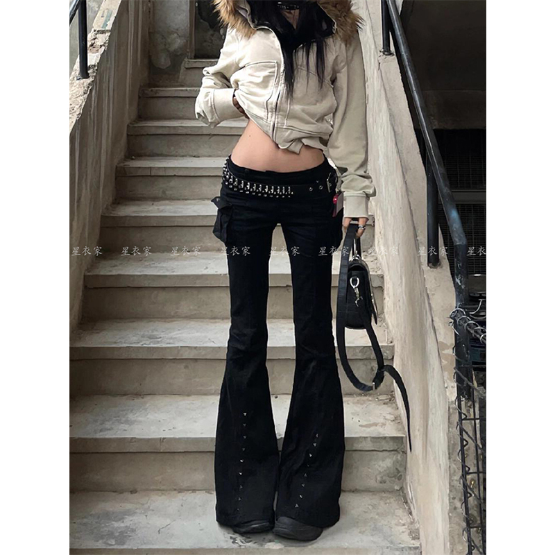 American Style Hot Girl Black Low-Waist Workwear Jeans for Women, New Summer Y2K Millennium Style Floor-Length Flared Pants