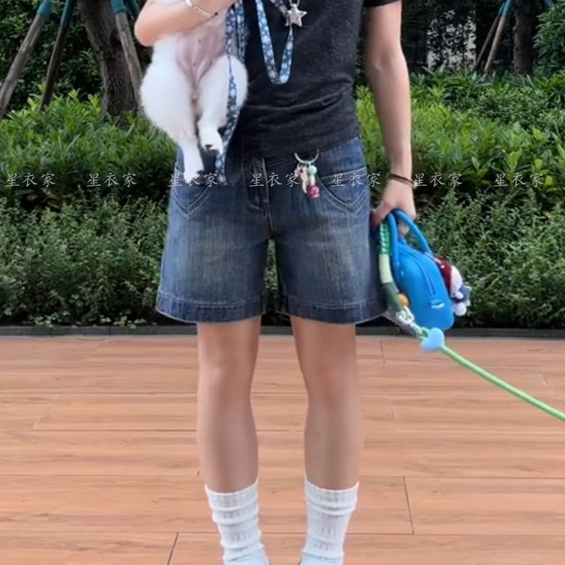 American-Style Spicy Girl Niche Design Pocket Denim Shorts for Women, Vintage Washed Blue Versatile Casual Mid-Length Shorts