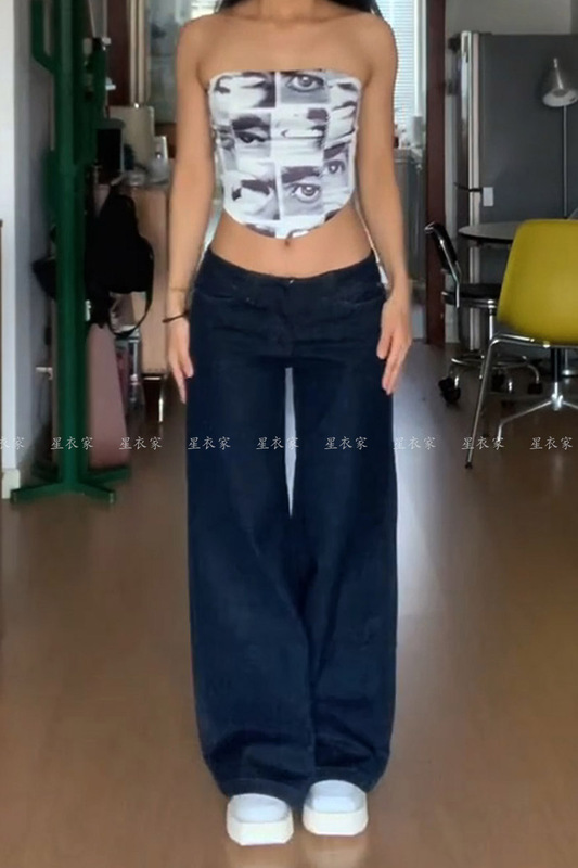 American-Style Dark Blue Low-Waist Jeans for Women, Summer Y2K Hot Girl Loose Straight Wide-Leg Pants, Casual Floor-Length Pants