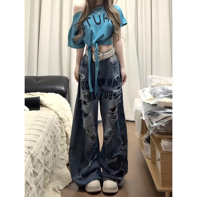American-Style Hot Girl Ripped Jeans for Women, Summer Design, Vintage Pants, Personalized Lettering, Floor-Length Wide-Leg Pants