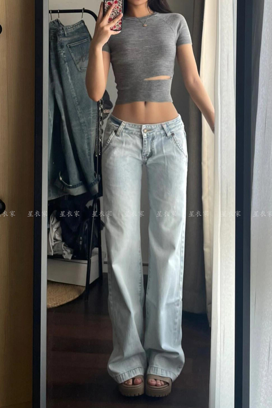American Retro Low-Waisted Light-Colored Loose Jeans for Women, Summer Hot Girl Ultra-Low Crotch Casual Straight-Leg Floor-Length Pants American Retro Low-Waisted Light-Colored Loose Jeans for Women, Summer Hot Girl Ultra-Low Crotch Casual Straight-Leg Floor-Length Pants