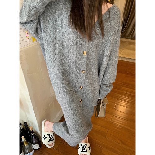 Свитер для отдыха с косичкой, трикотажный кардиган, юбка, комплект, свободный крой, V-образный вырез