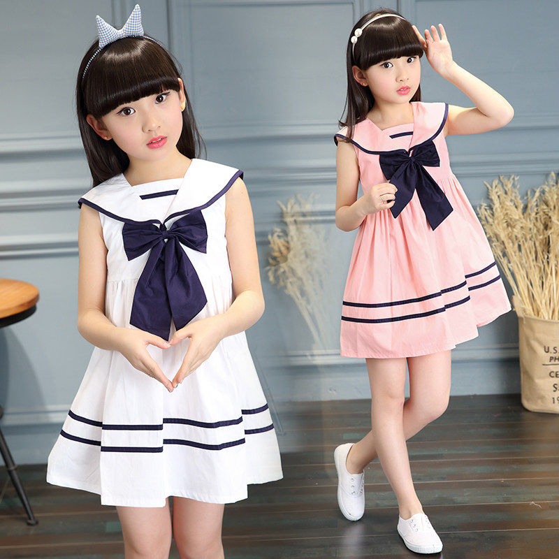 Girls high-waist solid color A-shaped suspender long skirt spring and summer princess jumpsuit primary school student sweet pullover skirt -