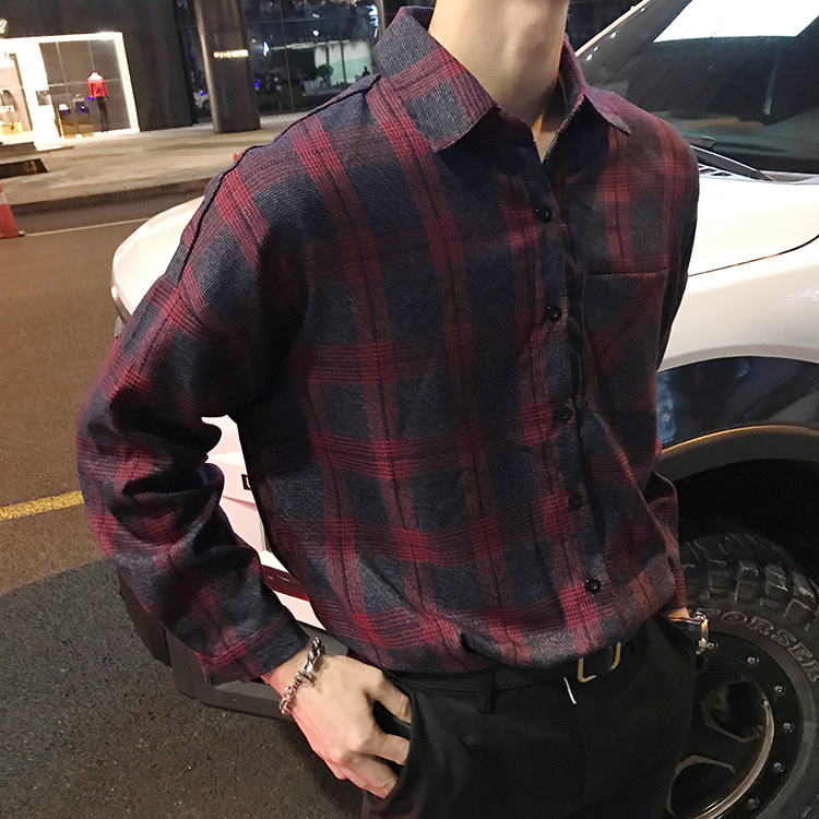 APP/17ss 韩国新品 复古格 宽松版色织面料长袖衬衫 男