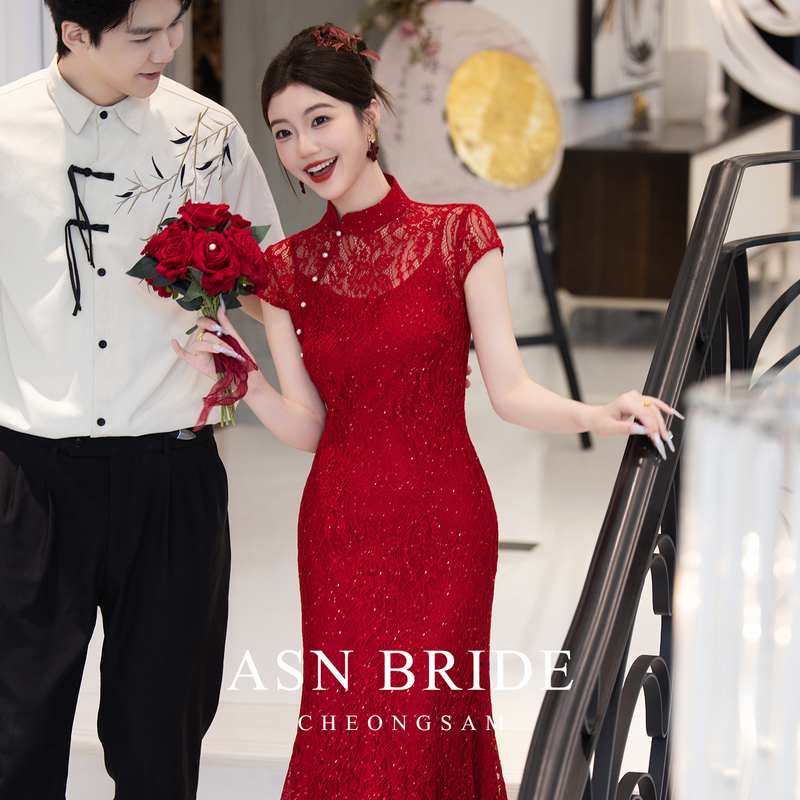 2026 New Style Burgundy High-End Fishtail Chinese-Style Engagement Dress for the Bride, Suitable for Wedding and Post-Wedding Ceremonies
