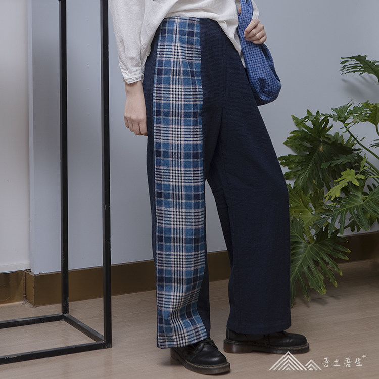 My native force Zhou Chun's new blue indigo weave handmade lattice earth cloth splicing straight cylinder pure cotton female long pants