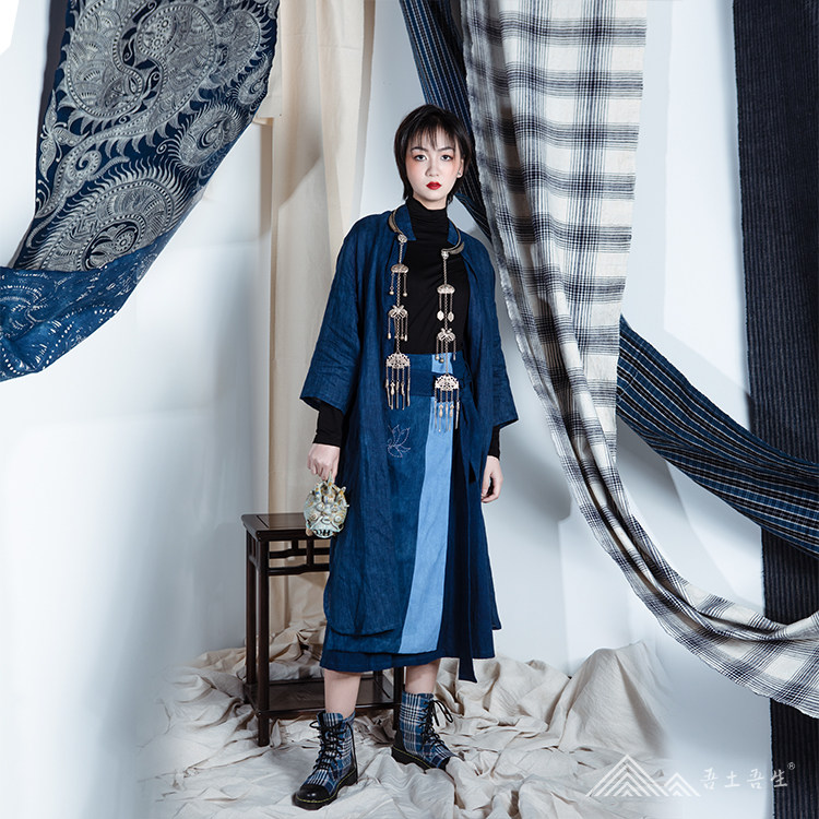 My Native Force Week New National Tide Series Blue Indigo Linen Light Thin Open Fork Long Version Neutral Lady Windsuit