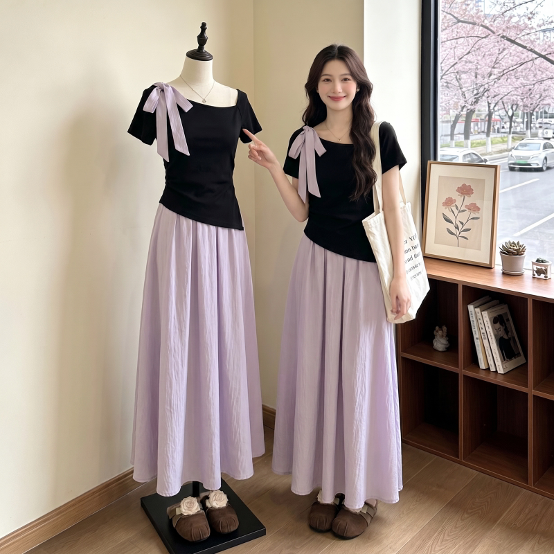 Plus Size Women's Clothing 2026 Super Trendy Outfit Set for Summer, Very Flattering for Chubby Girls, Purple Blouse and Skirt Two-Piece Set Plus Size Women's Clothing 2026 Super Trendy Outfit Set for Summer, Very Flattering for Chubby Girls, Purple Blouse and Skirt Two-Piece Set