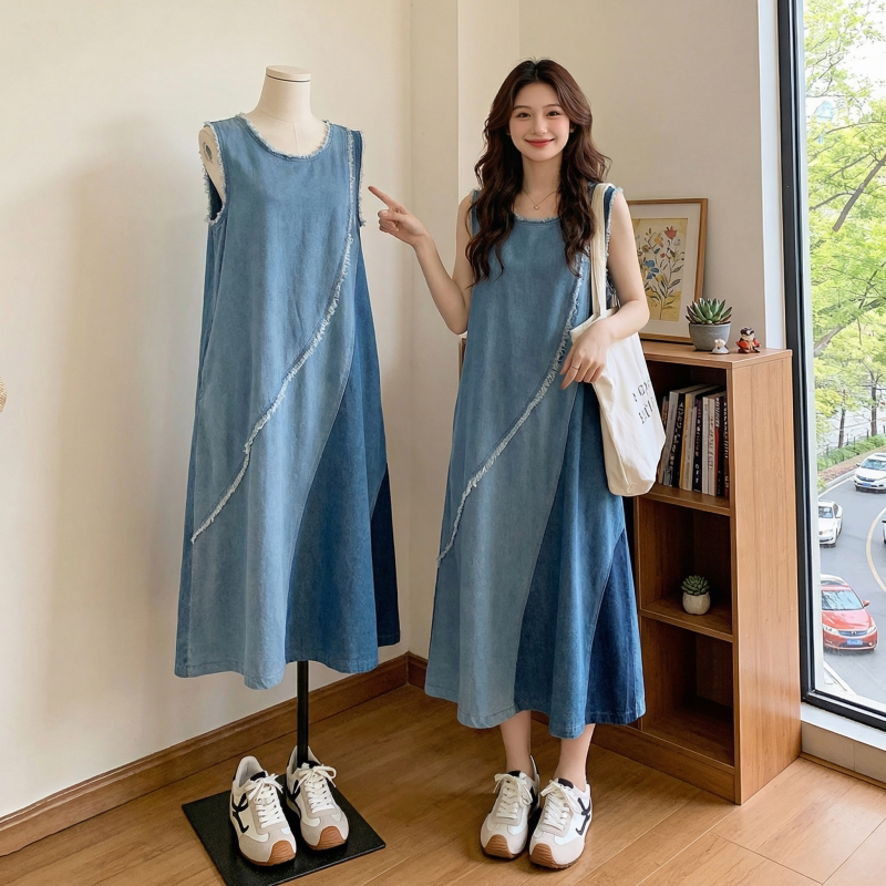 Design-Inspired Gradient Blue Denim Dress for Women, 2026 New Summer Plus-Size Slimming Raw Edge Tank Dress Design-Inspired Gradient Blue Denim Dress for Women, 2026 New Summer Plus-Size Slimming Raw Edge Tank Dress
