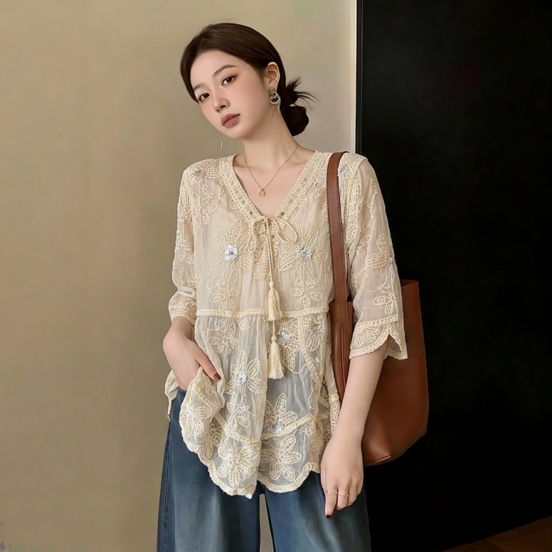 Bohemian Style Embroidered V Neck Short-Sleeved Lace Shirt for Women 2026 New Summer Large Size Fat mm Mid-Length Top