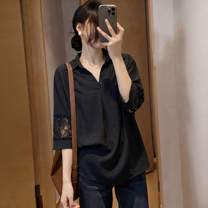 Black Lace Hollow-Out Short-Sleeve Shirt for Women, 2026 New Summer Style, Plus-Size, Stylish and Elegant Top