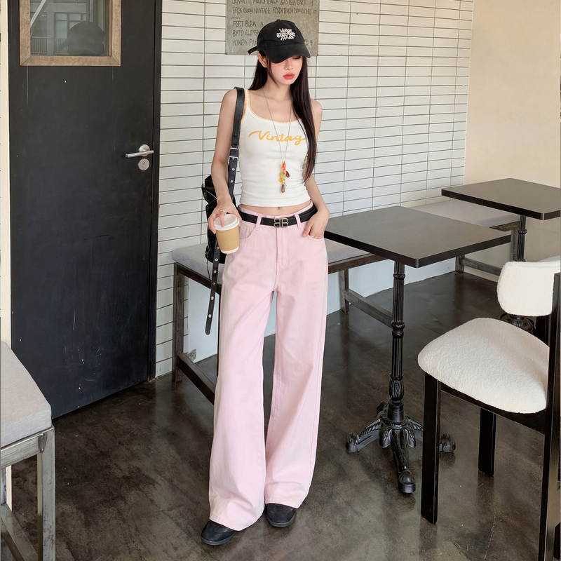 Cherry Blossom Pink High-Waisted Wide-Leg Jeans for Women 2026 Summer New American Dopamine Versatile Slimming Straight-Leg Pants