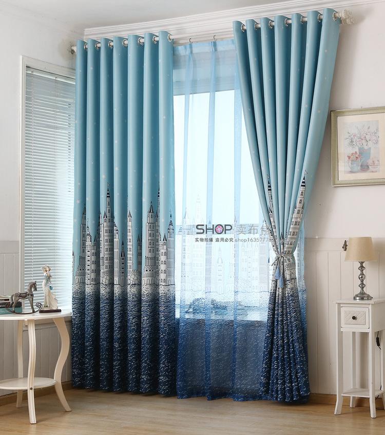 Printed cartoon sea castle curtain blackout bedroom blue city tall building toddler curtain fabric zero cut custom