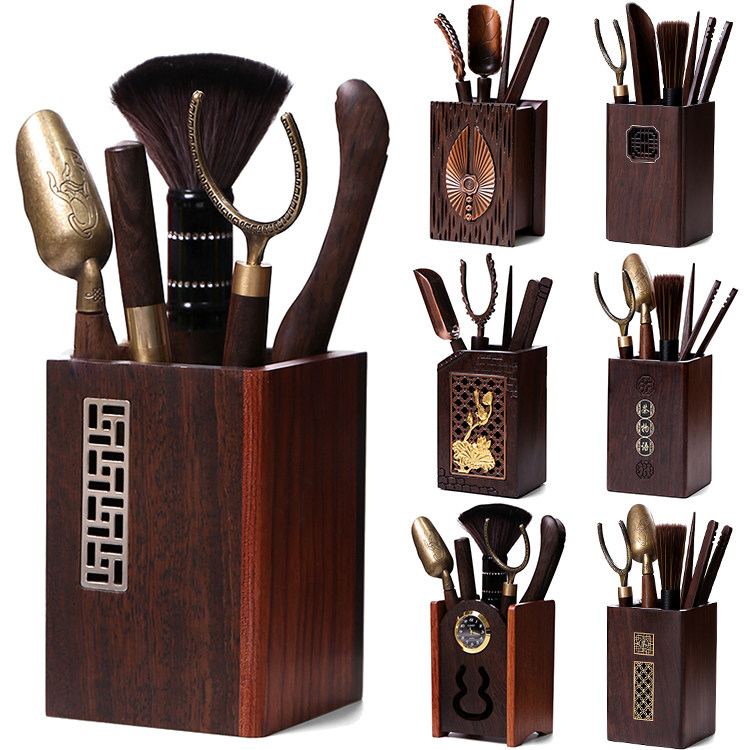 Tea Trail Six Suits Kung Fu Tea Accessories Black Sandalwood Wooden Containing Tube Home Tea Clip Tea Spoon Tea Needle Pen Brush