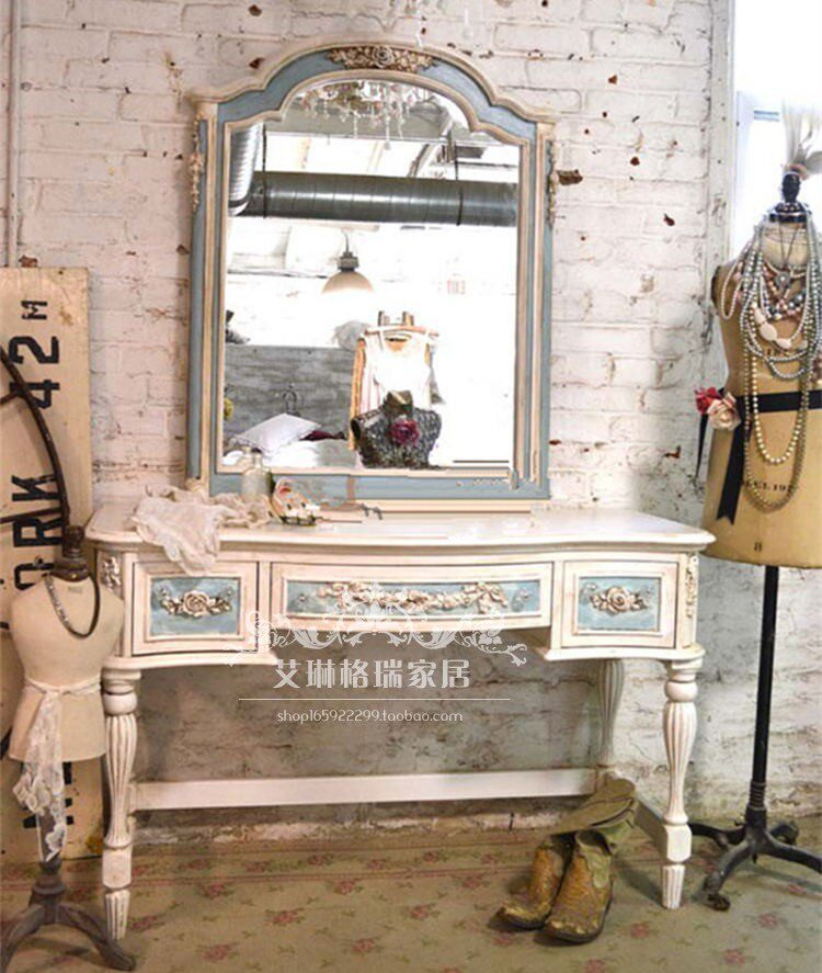 American countryside retro-washed blue made of old carved solid wood Makeup Bench Makeup Mirror Bedroom Makeup Table Antique Furniture