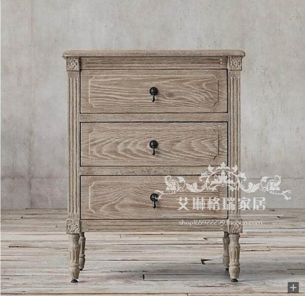 French retro old style postmodern gray bedside table American country solid wood bedside table carved locker