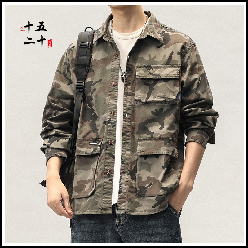 Camouflage Jacket Men's Jacket Spring and Autumn 2026 New Military Style Denim Shirt Loose Workwear Long-Sleeved Top