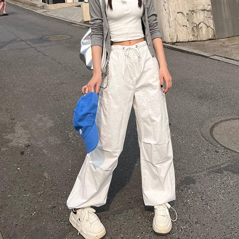 White Workwear Wide-Leg Pants for Women, Summer 2026 New High-Waisted Jogger Parachute Pants, Casual Sports Long Trousers White Workwear Wide-Leg Pants for Women, Summer 2026 New High-Waisted Jogger Parachute Pants, Casual Sports Long Trousers