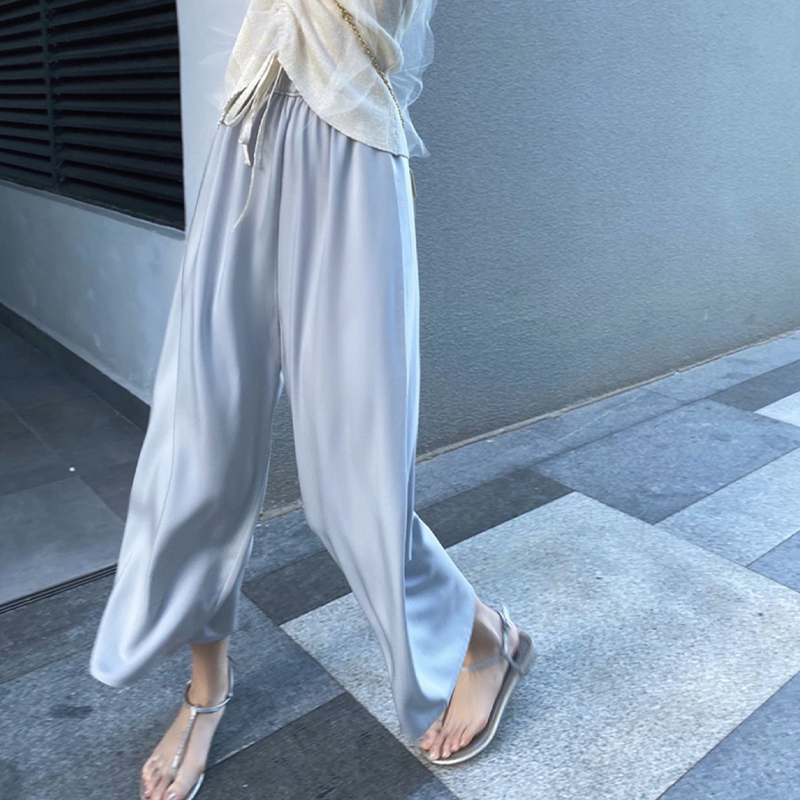 Blue Acetate Satin Wide-Leg Pants for Women, Summer 2026 New Style, Ice Silk Thin Cropped Cool Pants, Casual Long Trousers Blue Acetate Satin Wide-Leg Pants for Women, Summer 2026 New Style, Ice Silk Thin Cropped Cool Pants, Casual Long Trousers