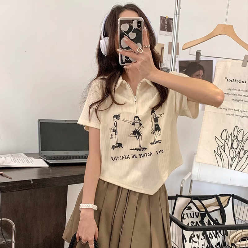 Polo Shirt Collar, Regular Shoulder, Short-Sleeved T-Shirt for Women, Summer 2026 New Style, Irregular Zipper, Slim-Fit Half-Sleeve Short Top
