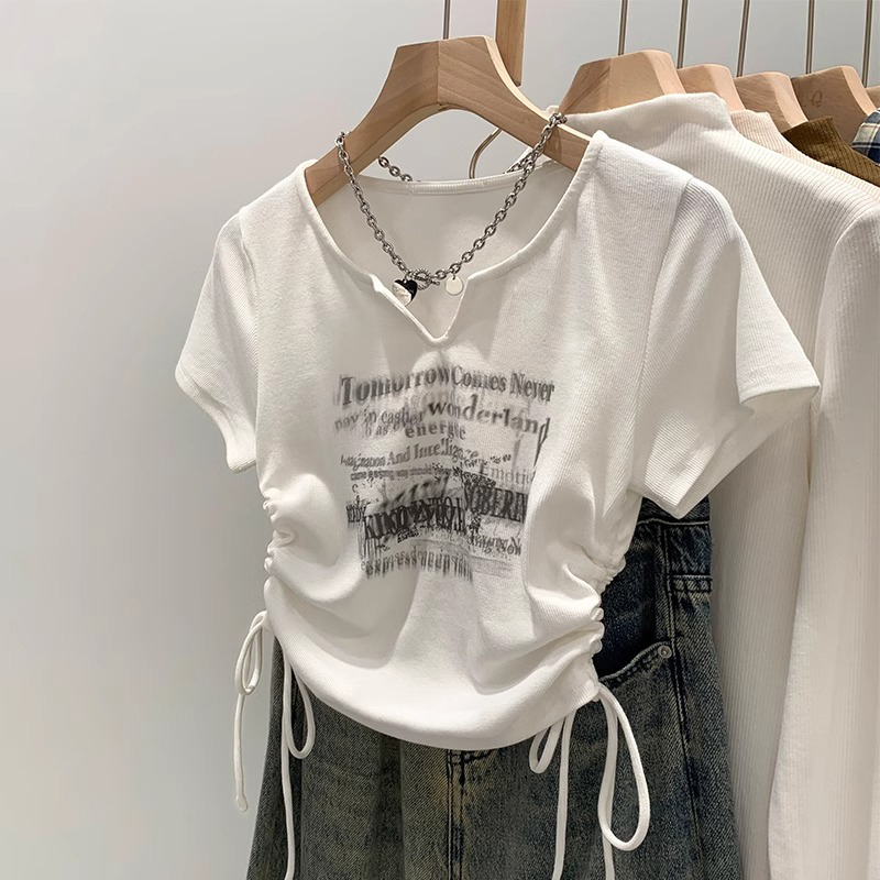 White V-Neck Regular Shoulder Short-Sleeve T-Shirt for Women, Summer 2026 New Style, American Drawstring Pleated Slim-Fit Waist-Cinching Short Top