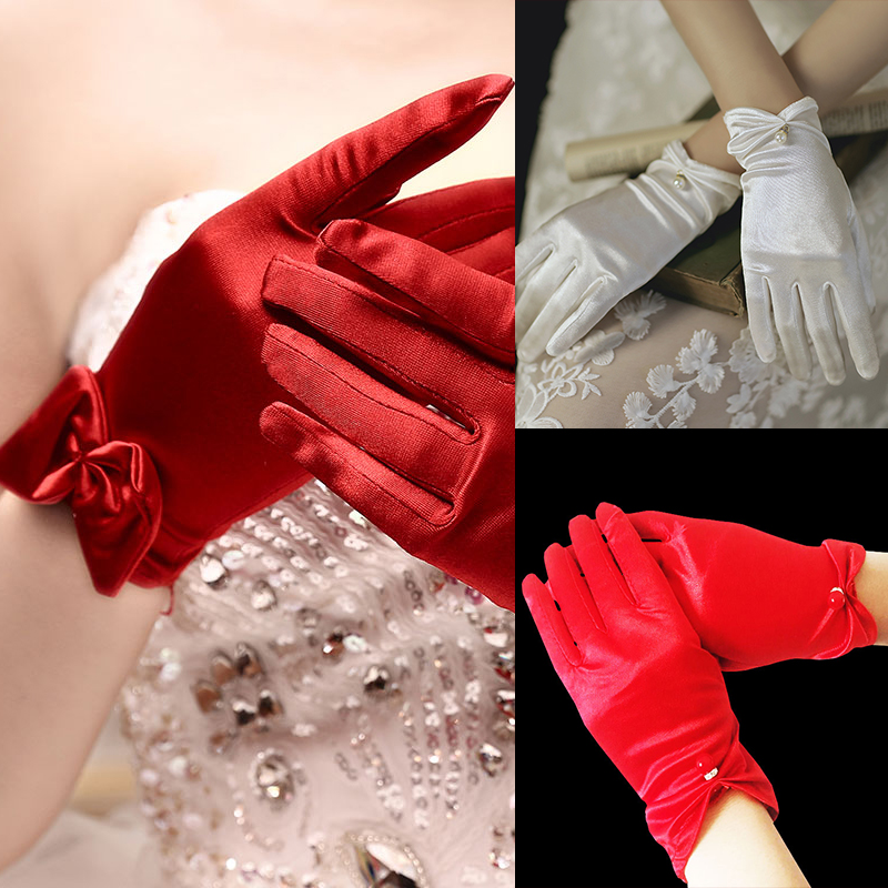 Red Gloves Wedding Bride Show And Wedding Dress Red Show Red Show And Lace Etiquette Retro Satin Shorts Chinese-Taobao