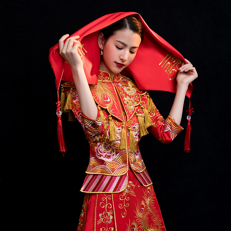 Red Hijab 2021 New Wedding Hijab Bride Chinese Embroidery Red Classical Show Hefu Hipa Tassel