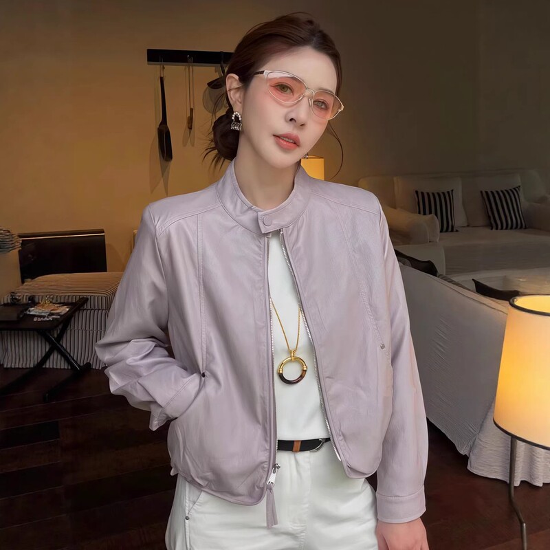 Korean-Style Youthful Short Purple Stand-Collar Leather Jacket for Women, 2026 Spring New Model, Slim-Fit Soft Pu Leather Jacket for Petite Figures