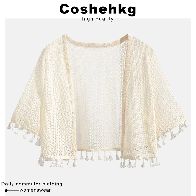 Coshehkg/Apricot-Colored Thin Cardigan for Women, Summer Sun Protection Shawl Cape with a Stylish Tassel Design, Fashionable and Elegant Top Coshehkg/Apricot-Colored Thin Cardigan for Women, Summer Sun Protection Shawl Cape with a Stylish Tassel Design, Fashionable and Elegant Top