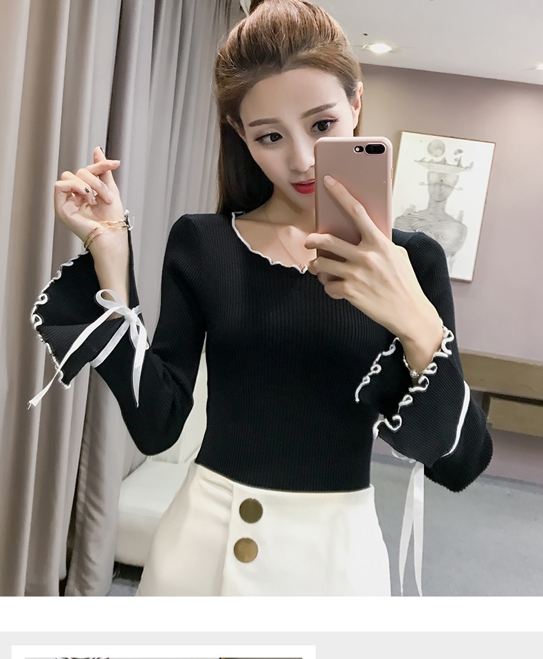 Áo len mùa thu 2018 hoang dã của phụ nữ áo len mỏng dài tay mỏng Áo thun học sinh Hàn Quốc là áo sơ mi mỏng và bó sát áo kiểu trung niên