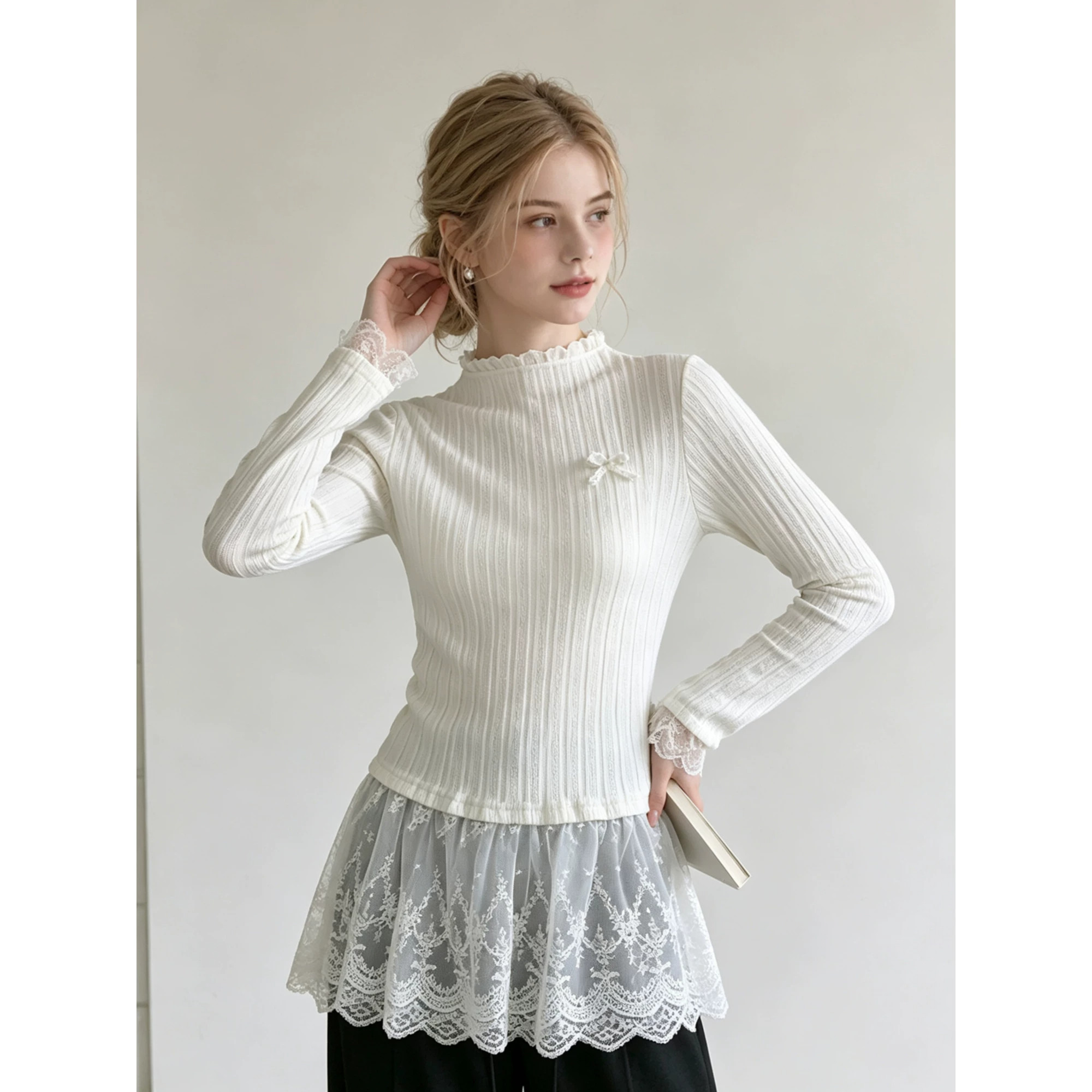 Ballet-style solid color bow lace patchwork long-sleeved T-shirt for women, new autumn style, flattering and slimming.