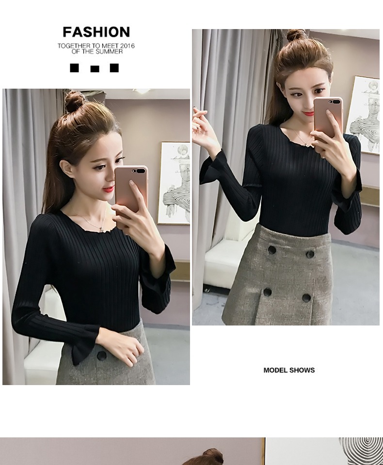 Áo len nữ dài tay kiểu mới sang trọng kiểu Hồng Kông thời trang hoang dã mảnh mai thon gọn cổ thấp tay áo cánh hoa mẫu áo len nữ đẹp 2021