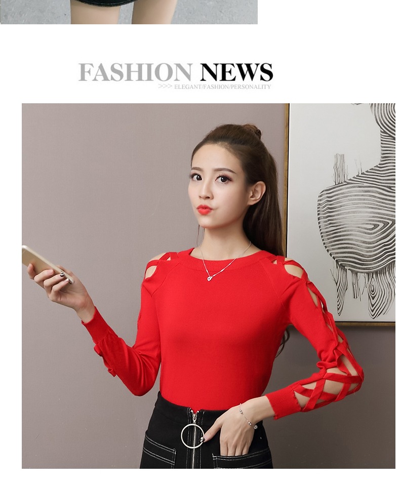 Thiết kế cẩn thận, cảm giác, phong cách Harajuku, cổ áo mùa thu hoang dã, áo len dài tay rỗng, áo phông, quần bó, nữ triều bán áo len nữ đẹp