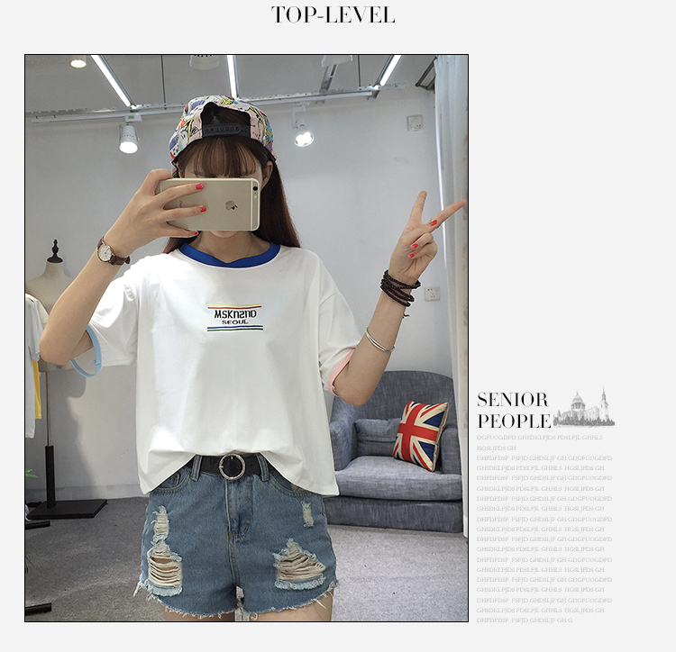 Màu sắc phù hợp với cổ áo ngắn tay t-shirt nữ Hàn Quốc phiên bản của thêu lỏng thư vòng cổ sinh viên áo hoang dã 2018 mùa xuân và mùa hè phong cách mới áo thun form rộng nữ