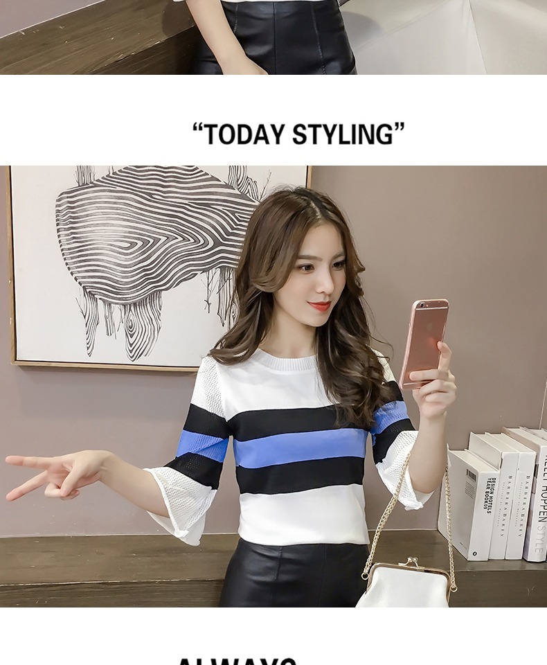 Phong cách Hàn Quốc Chic sọc đơn giản tay áo hoang dã nửa tay áo len áo len nữ tính khí tròn cổ Slim áo sơ mi mỏng mùa hè áo nữ công sở