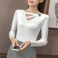Áo sơ mi cộc tay mùa xuân dài tay áo len cổ chữ V nữ giảm béo gợi cảm chạm đáy áo sơ mi ngắn áo len thủy triều ao len