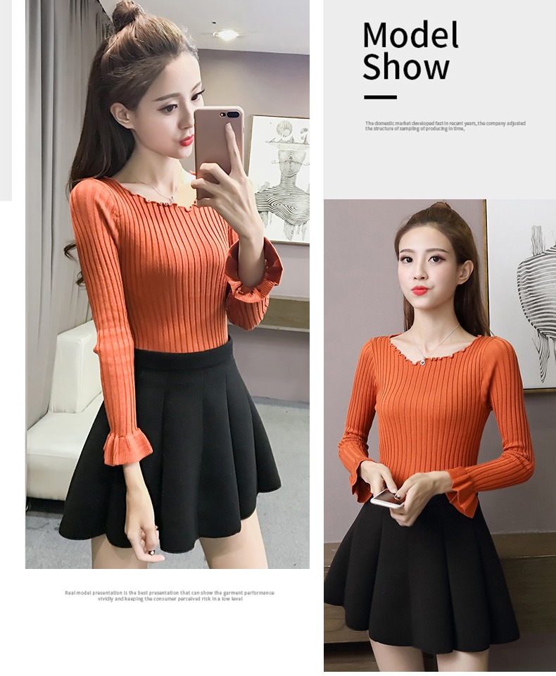 Áo len nữ dài tay kiểu mới sang trọng kiểu Hồng Kông thời trang hoang dã mảnh mai thon gọn cổ thấp tay áo cánh hoa mẫu áo len nữ đẹp 2021