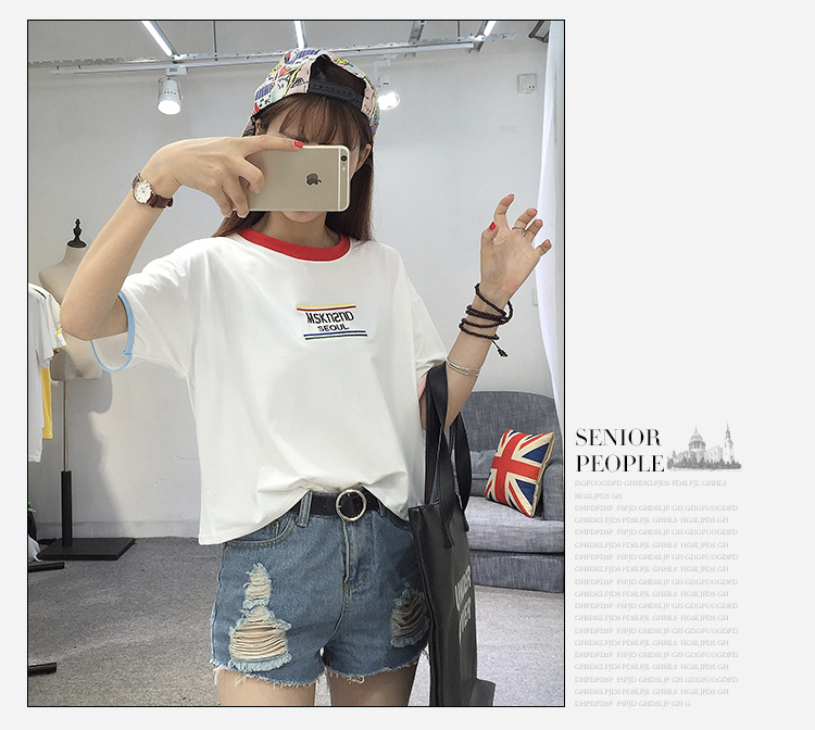 Màu sắc phù hợp với cổ áo ngắn tay t-shirt nữ Hàn Quốc phiên bản của thêu lỏng thư vòng cổ sinh viên áo hoang dã 2018 mùa xuân và mùa hè phong cách mới áo thun form rộng nữ