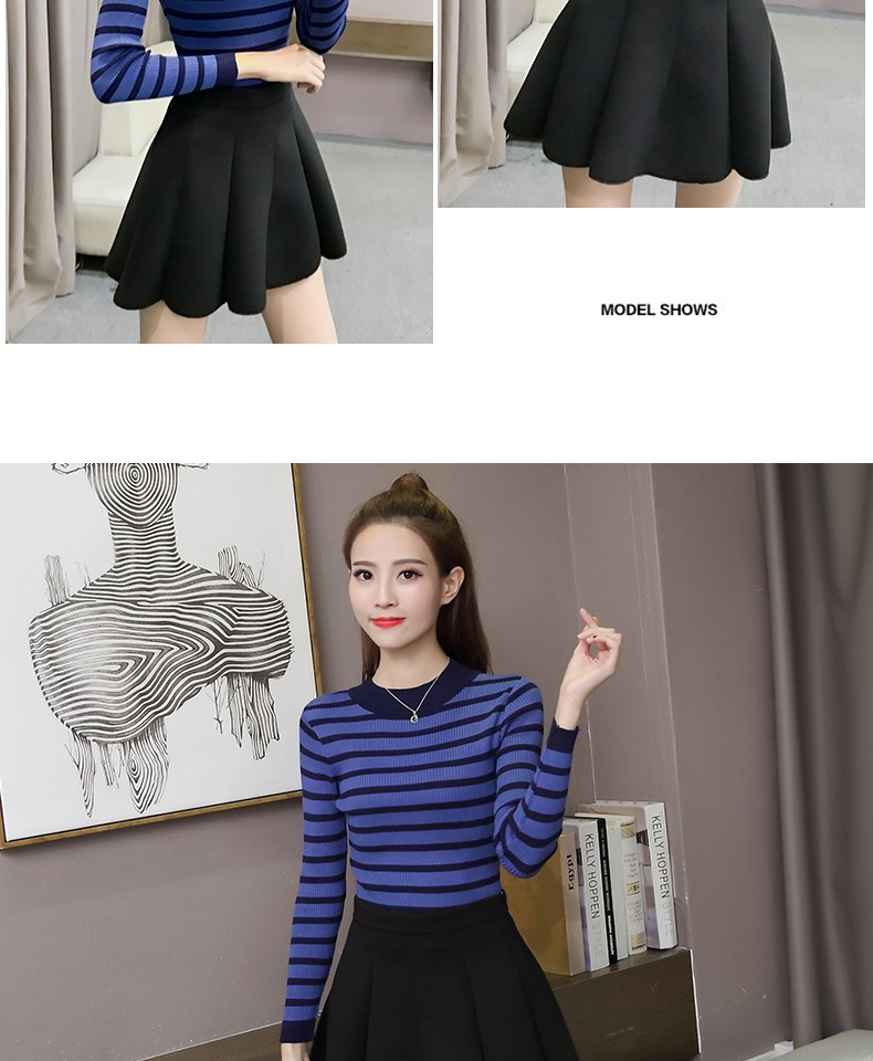 2019 Châu Âu xuân mới Slim thời trang hoang dã sọc nhỏ cổ cao tay dài đan đáy áo thun nữ áo khoác cardigan nữ
