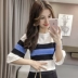 Phong cách Hàn Quốc Chic sọc đơn giản tay áo hoang dã nửa tay áo len áo len nữ tính khí tròn cổ Slim áo sơ mi mỏng mùa hè ao khoac len Áo / áo thun