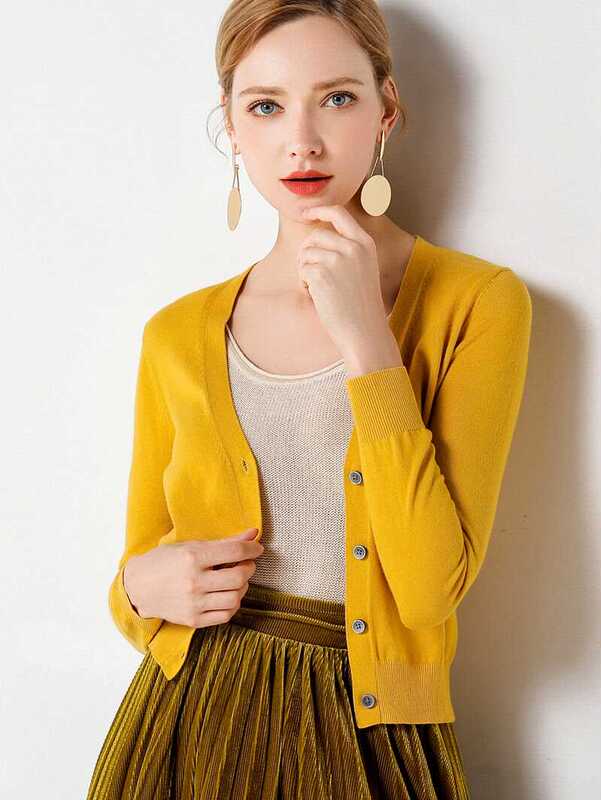 Pure Cotton Knitted Cardigan for Women, Spring and Autumn Short Style, High-Waisted V-Neck, Long-Sleeved, Slim-Fitting, Outerwear, Thin Shawl, Air-Conditioning Shirt Jacket