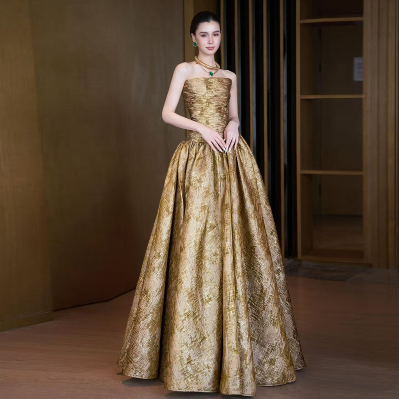 Strapless Gold Toast Dress for Bride 2026 New High-End Vintage Dressing Gown Women's Engagement Evening Dress High-End Light Luxury Strapless Gold Toast Dress for Bride 2026 New High-End Vintage Dressing Gown Women's Engagement Evening Dress High-End Light Luxury