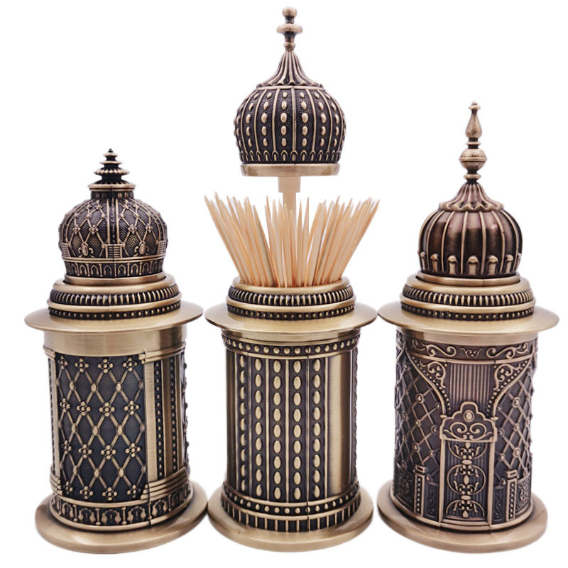 Press type automatic toothpick box pure copper home European retro style living room table hand press metal creative toothpick tube