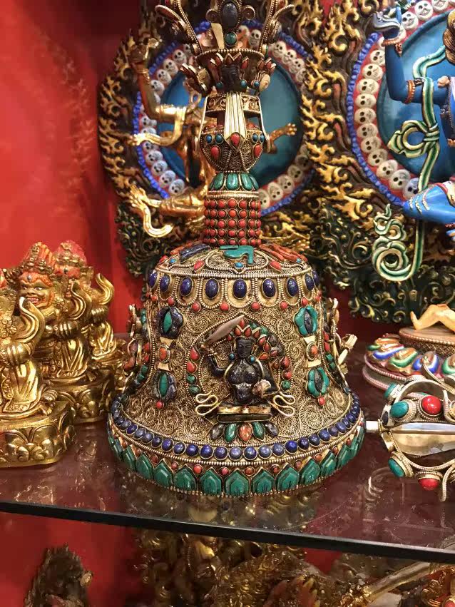 Колокол для службы 尼泊尔高档精品铜鎏银花丝镶嵌工艺 五股金刚铃杵一套 高36㎝