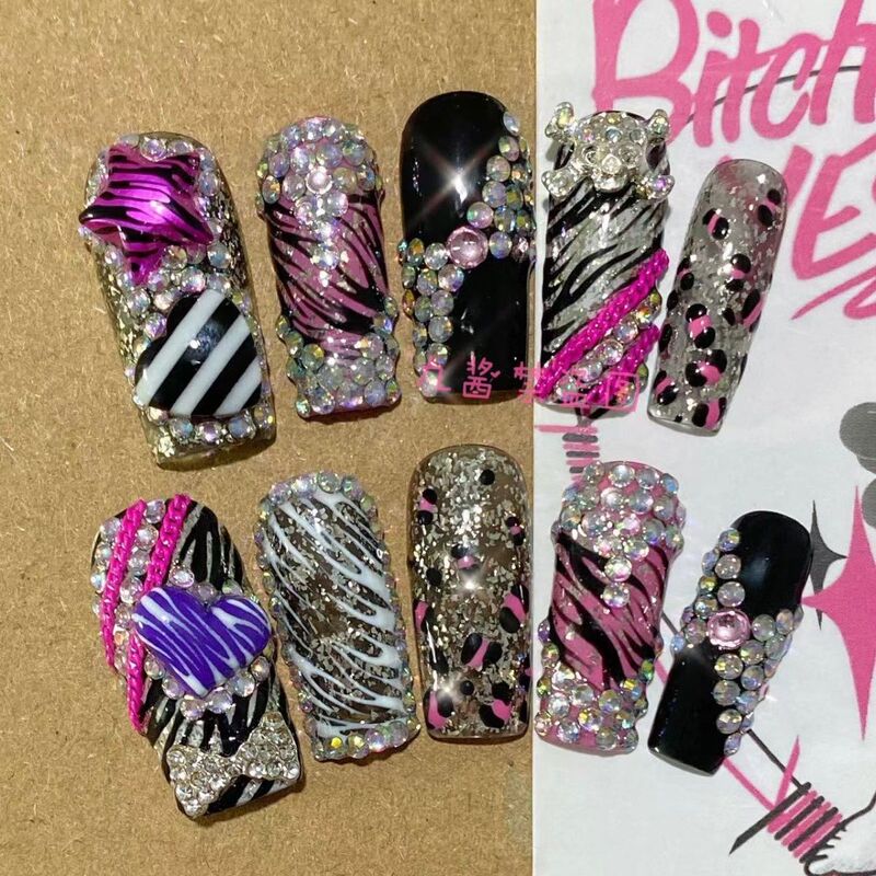 Jiujiang Y2K Authentic Shangluo Style Shibuya Style Hand-Painted Zebra Pattern Sparkling Rhinestone Press-On Nails Handmade Nail Art Jiujiang Y2K Authentic Shangluo Style Shibuya Style Hand-Painted Zebra Pattern Sparkling Rhinestone Press-On Nails Handmade Nail Art