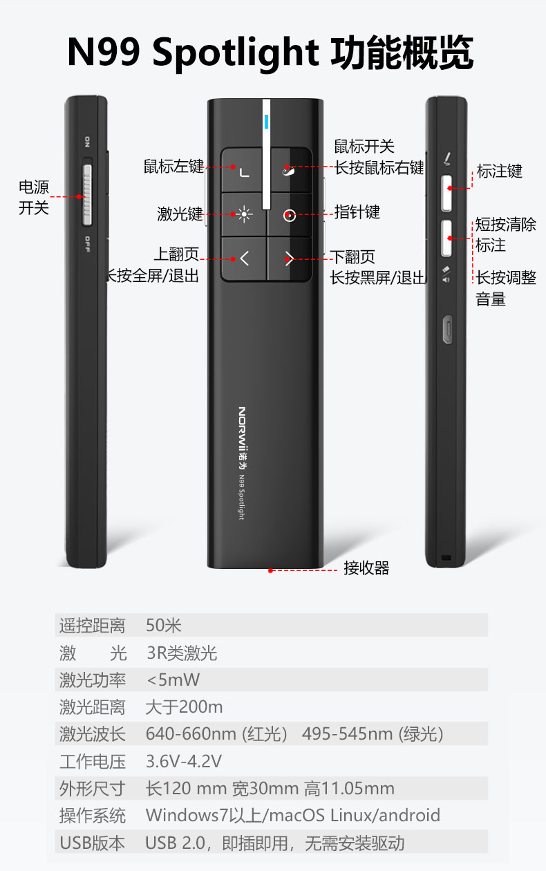 Nuowei N99 flying mouse PPT page turner charging projection remote control pen video playback multimedia electronic pointer